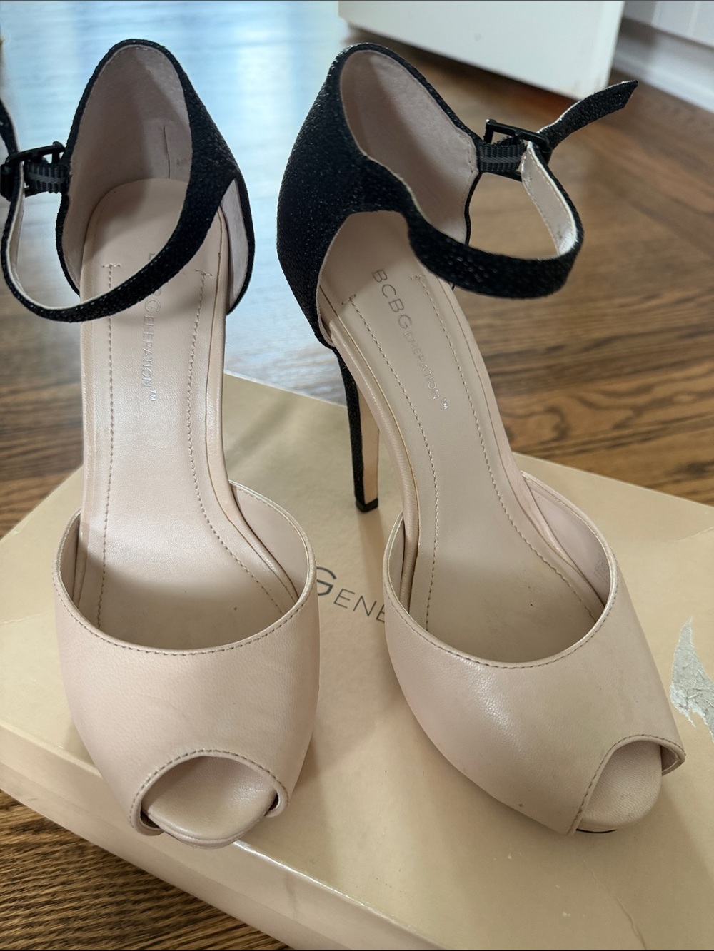 BCBG Two-Tone Peep-Toe Ankle Strap Heels in Nude and Black
